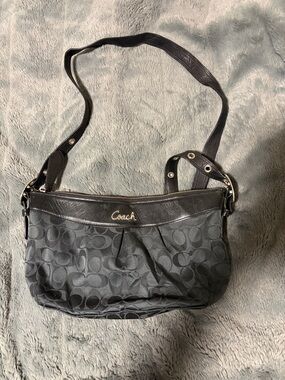 Coach Black Signature Canvas Shoulder Bag with Leather Trim